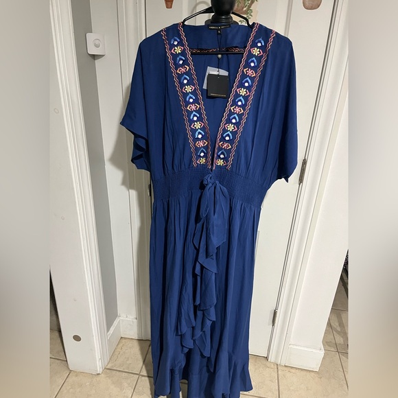 America & Beyond Embroidered Tie Waist Caftan Dress Navy Size XL - Picture 2 of 7
